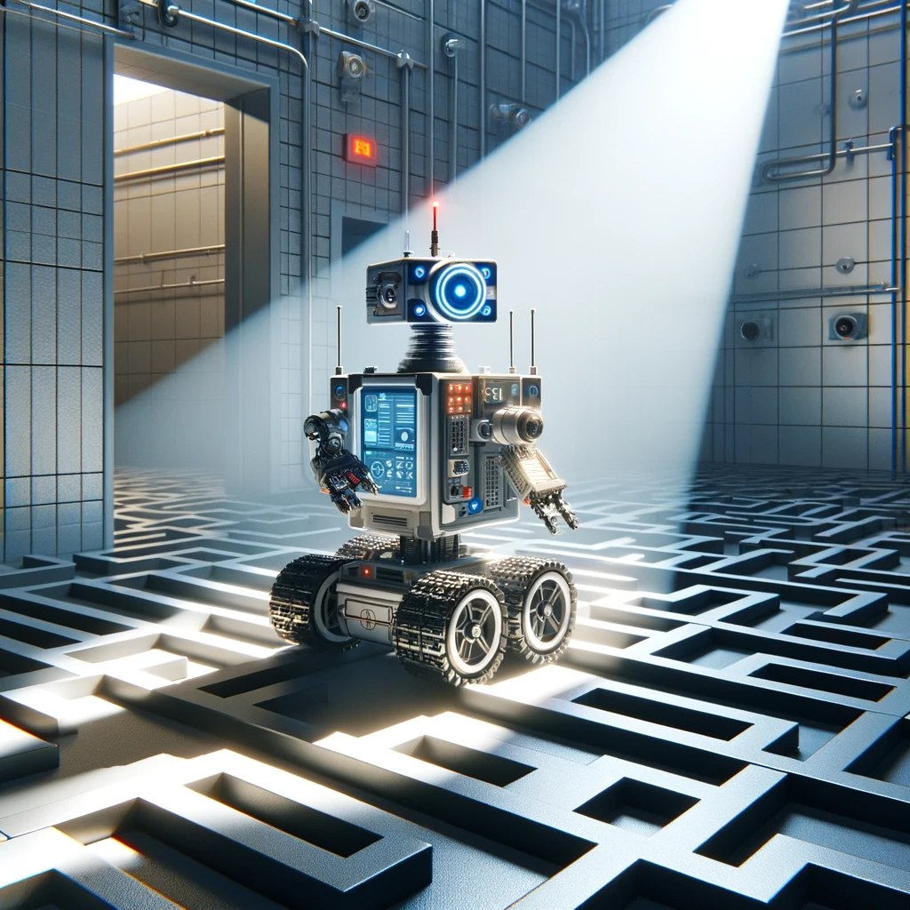 “A sophisticated robot navigating a maze with walls equipped with various sensors and a camera The robot is in an indoor setting with beams of sunlight”