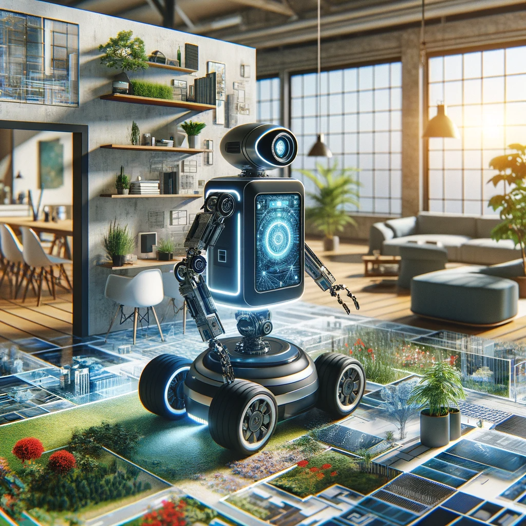 “DALL·E: A futuristic robot equipped with advanced sensors navigating through a mixed indoor and outdoor environment, symbolizing sensor technology and robotic”